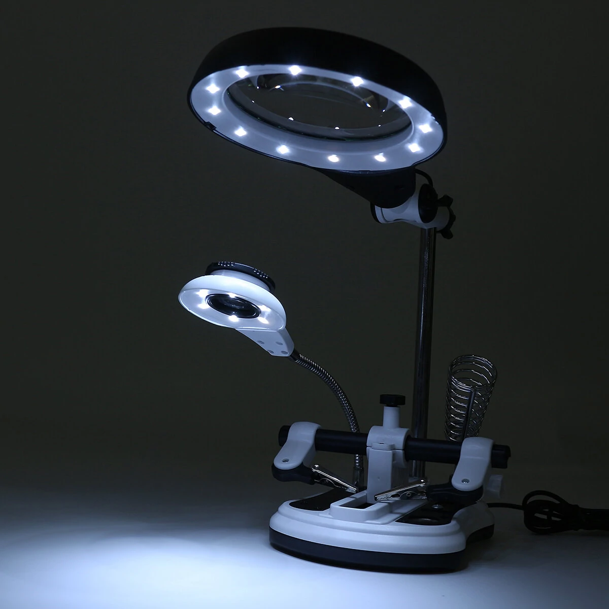 LED Soldering Iron Stand with Helping Hand Clamp & Magnifying Glass - Image 3
