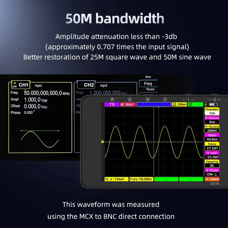 DS100 Digital Oscilloscope - 50MHz Bandwidth, 250MSa/s, 3.5 LCD, Portable - Image 2