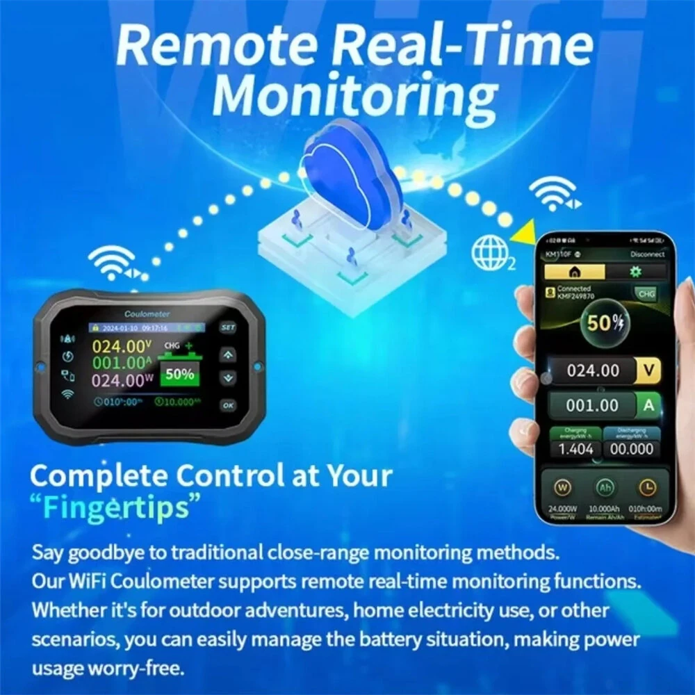 KM105F WiFi Remote RV Coulomb Meter | 10-100V DC 50A | Lead-acid & Lithium Battery Voltage Current Tester - Image 3