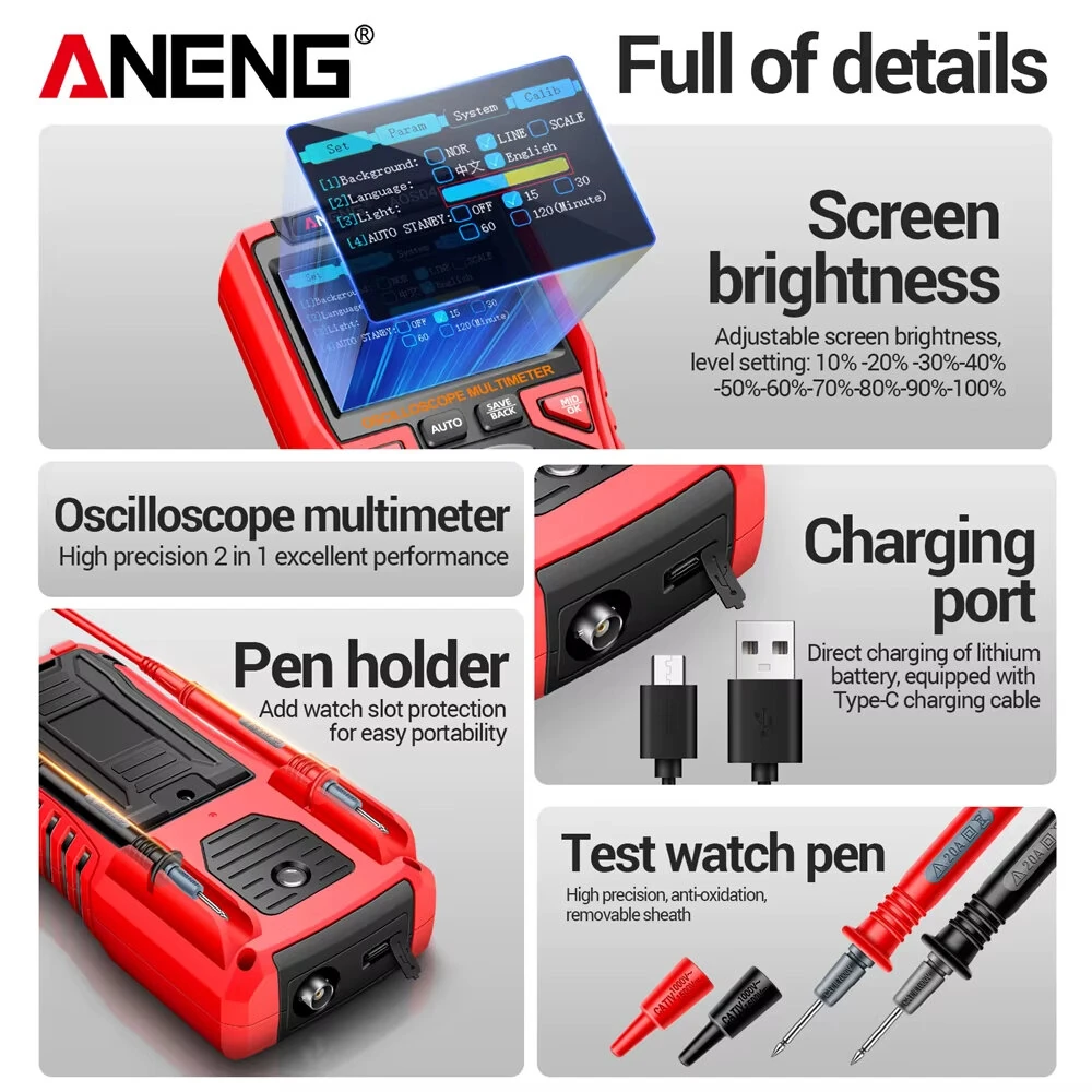 ANENG AOS04 Pro Digital Oscilloscope Multimeter | 50MS/s 10MHz | NCV USB Portable - Image 5