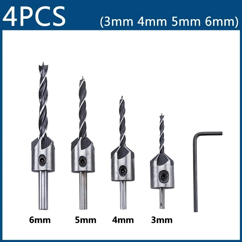 4pcs HSS Countersink Drill Bit Set | 3mm-6mm Woodworking Chamfer & Counterbore - Image 4
