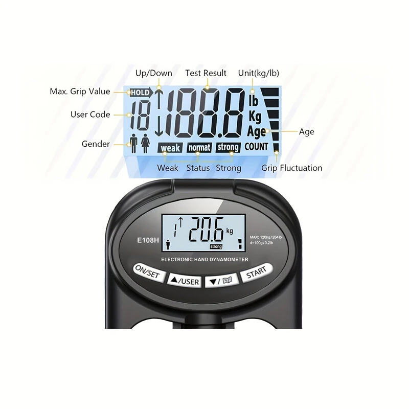 Digital Hand Dynamometer Grip Strength Tester - 265 lb/120 kg Max - USB Rechargeable LED Display - Image 2