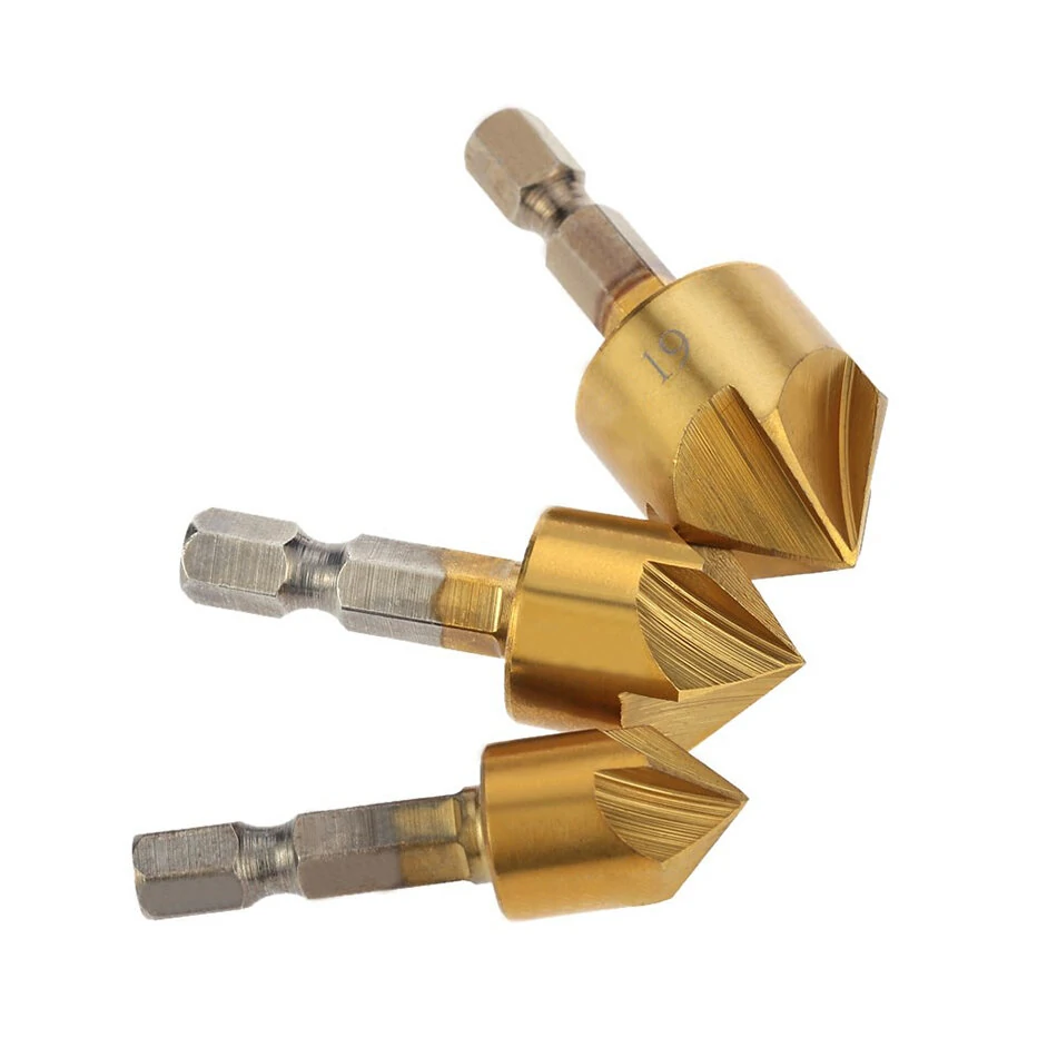 8Pcs Titanium Plated Hex Handle 5-Edge Chamfering Knife Set | Countersink Drill Bits - Image 2