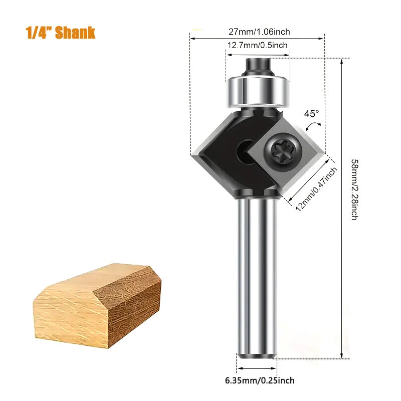 Tungsten Carbide 45° Chamfer Router Bit | 1/4 Inch 6mm 8mm Shank | Double Blade - Image 5