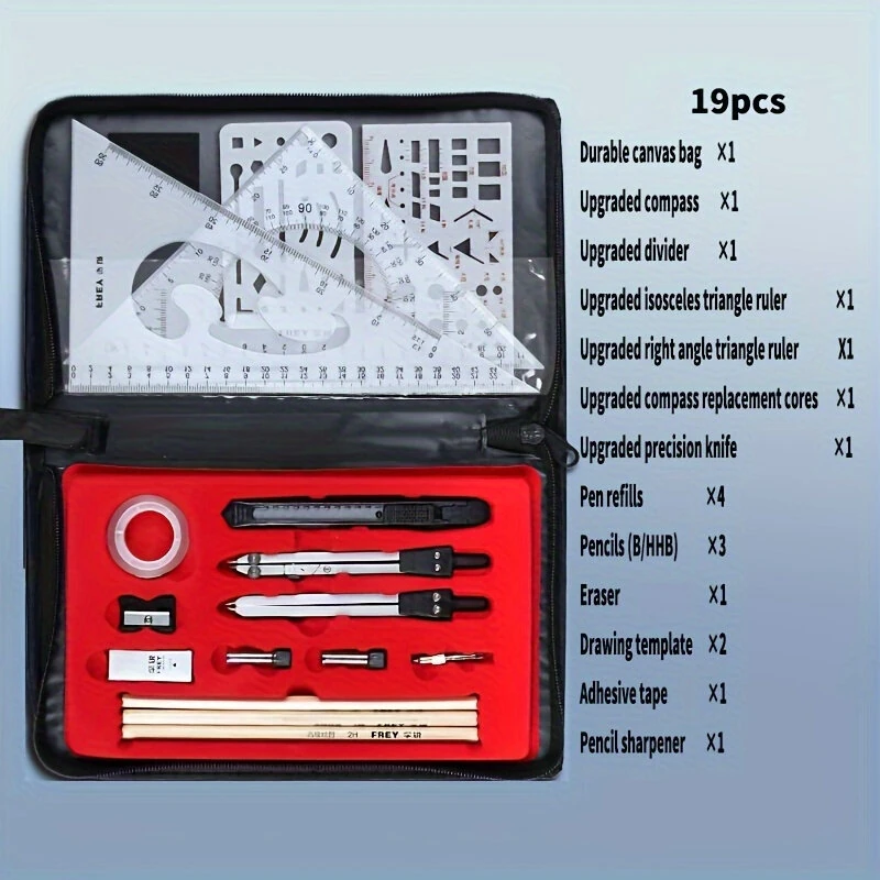Professional 19pc Compass Drawing Kit - Aluminum Alloy CAD Design Tools | Geometric Set with Templates, Ruler & Canvas Bag - Image 4