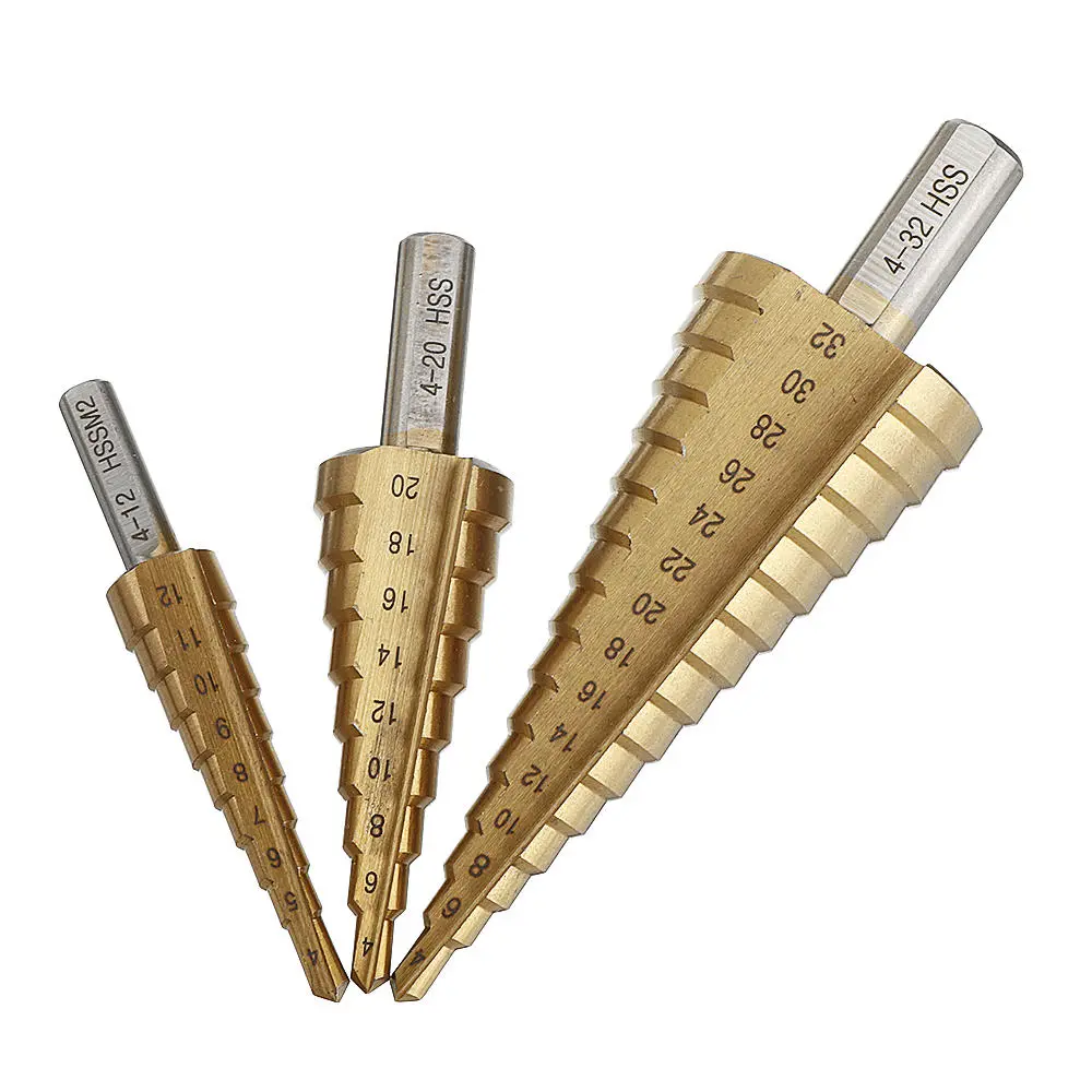 Drillpro HSS 6542 Titanium Coated Step Drill Bit | 4-12/20/32mm Triangle Shank - Image 2