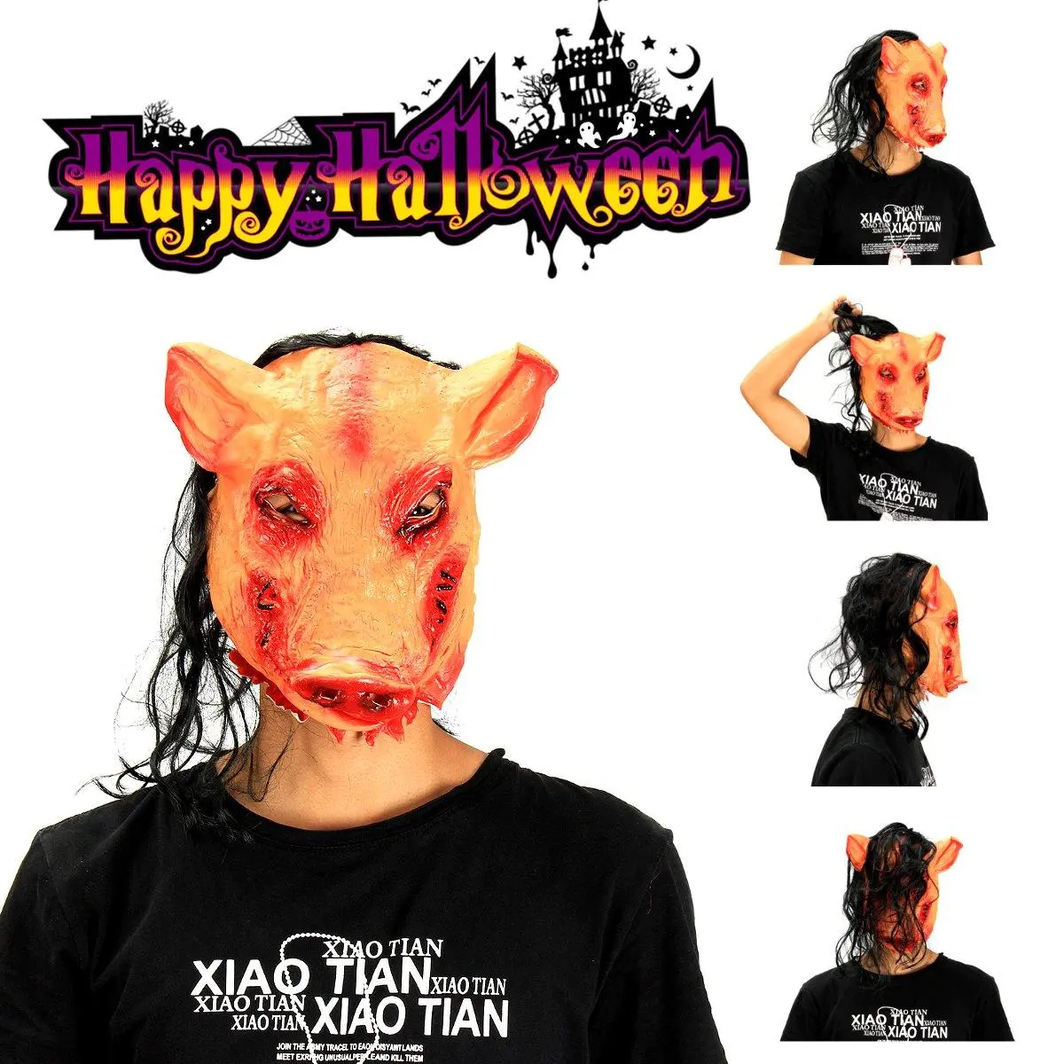 Scary Pig Head Mask With Hair - Latex Halloween Cosplay & Party Prop - Image 2