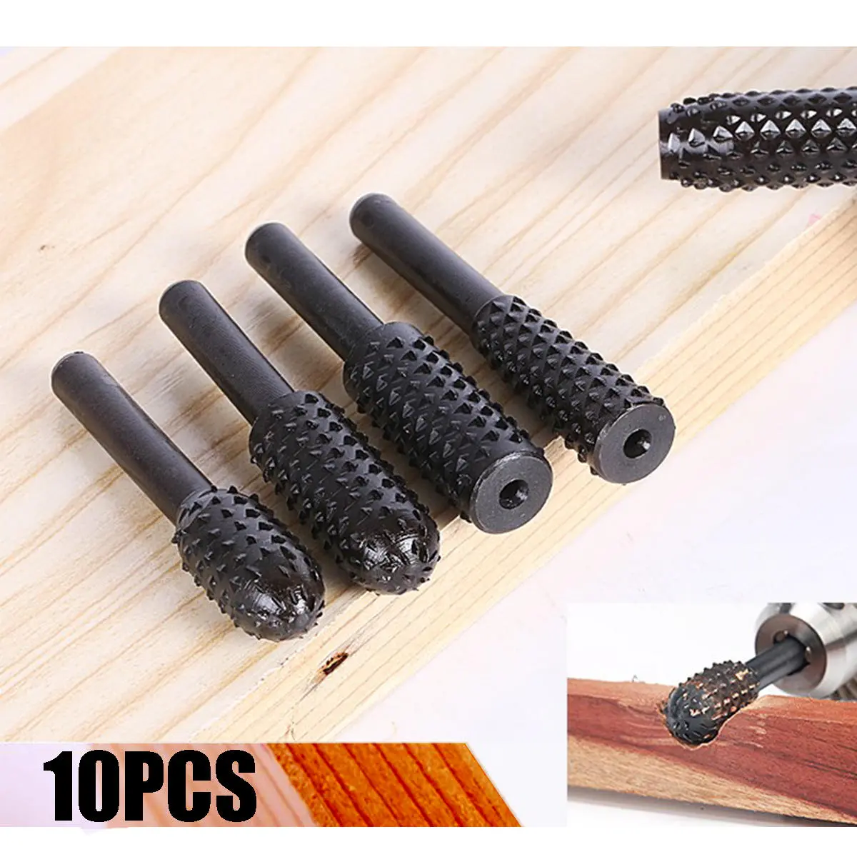 10pcs Rotary Burr Set - 6mm Shank Wood Carving & Polishing Tool | Grinding Rasp Bits - Image 3