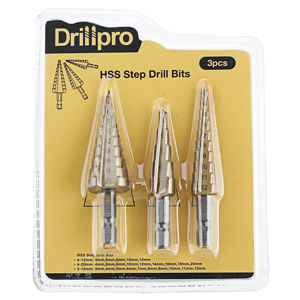 Drillpro 3Pcs HSS Titanium Step Drill Bit Set | 1/4 Inch Hex | 3-12/4-12/4-20mm - Image 2
