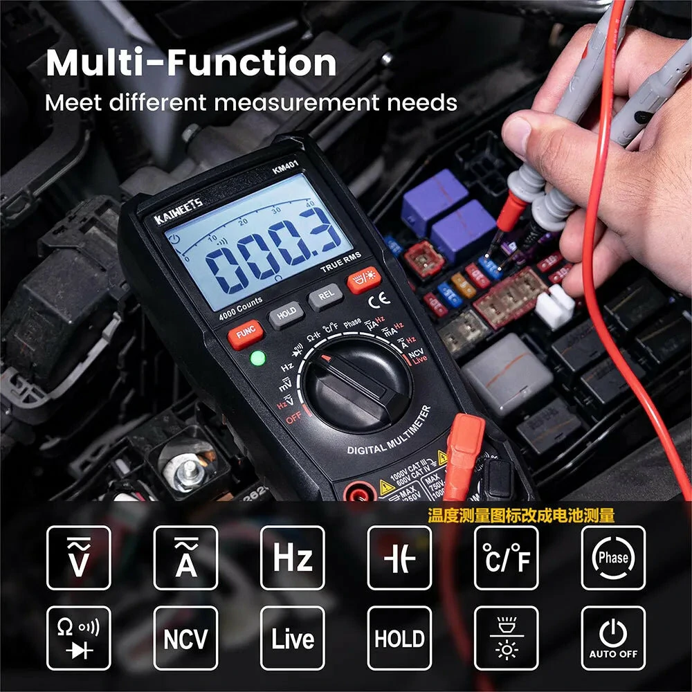 KAIWEETS KM401 Digital Multimeter | AC/DC Voltage Tester with Data Hold & Backlight - Image 3