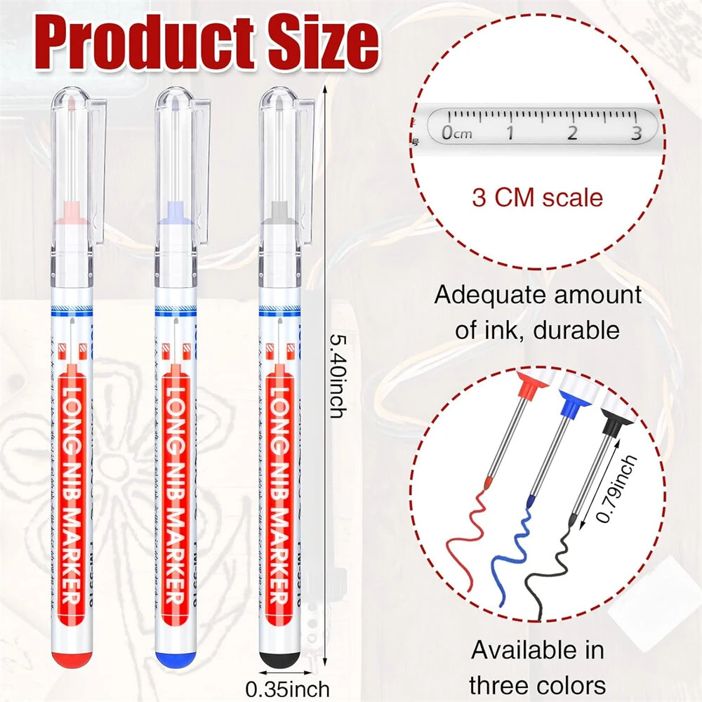 10pcs Multi Purpose Deep Hole Marker Pens - Long 20mm Nib - Waterproof Black Blue Red Ink for Woodworking & Construction - Image 3
