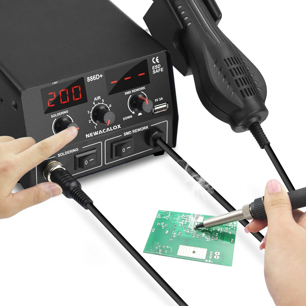 NEWACALOX 886D 2-in-1 Rework Station | 750W Soldering Iron & Hot Air Gun | 220V with PCB Preheater & USB Port - Image 5