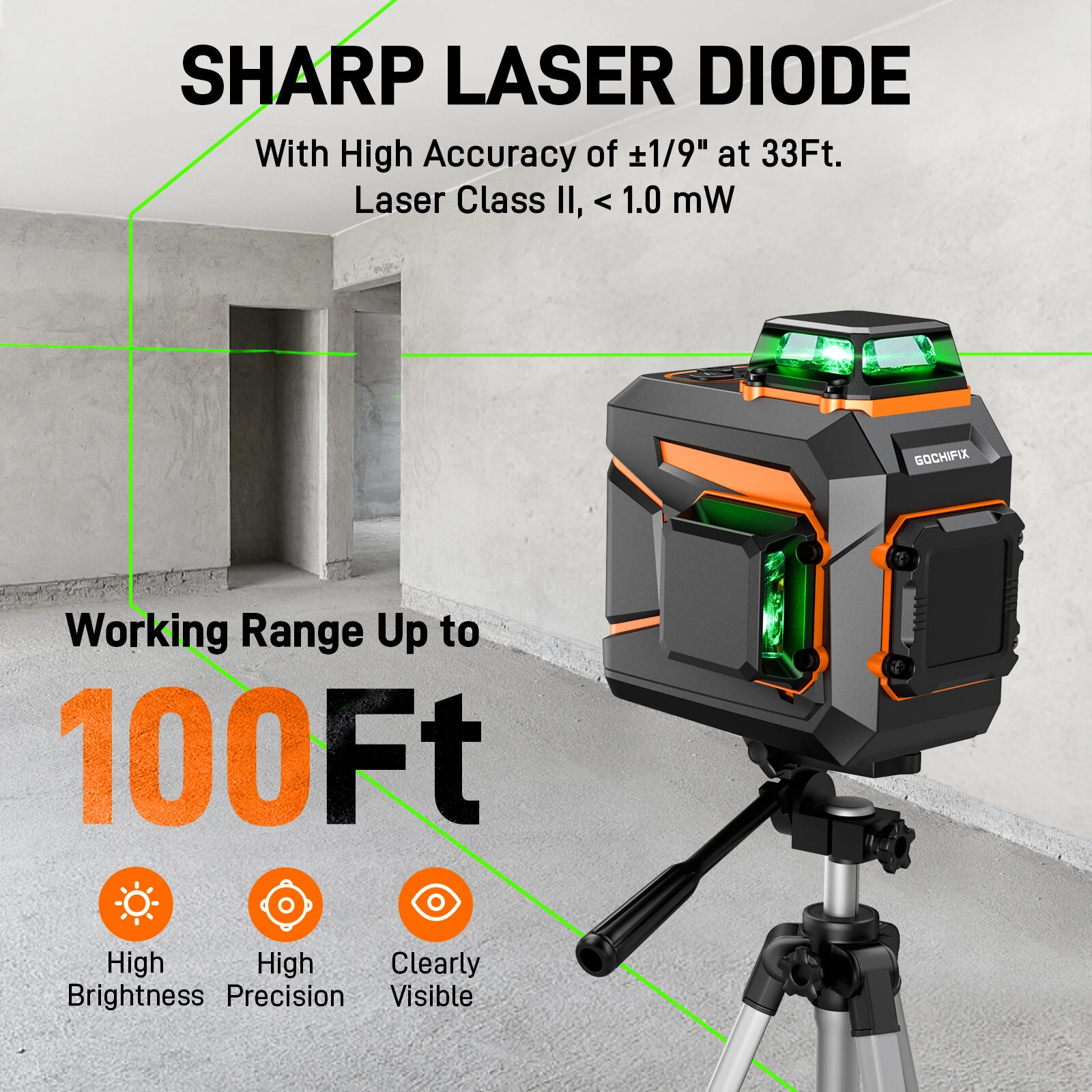 GOCHIFIX 2x360 Green Laser Level - Self-Leveling 100ft Rechargeable | 2D Line Laser Tool - Image 2