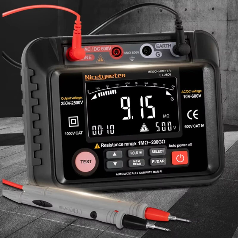Megohmmeter Insulation Resistance Tester 250V-2500V | 40GΩ Digital Display | Auto Range AC DC Voltage Measurement - Image 2