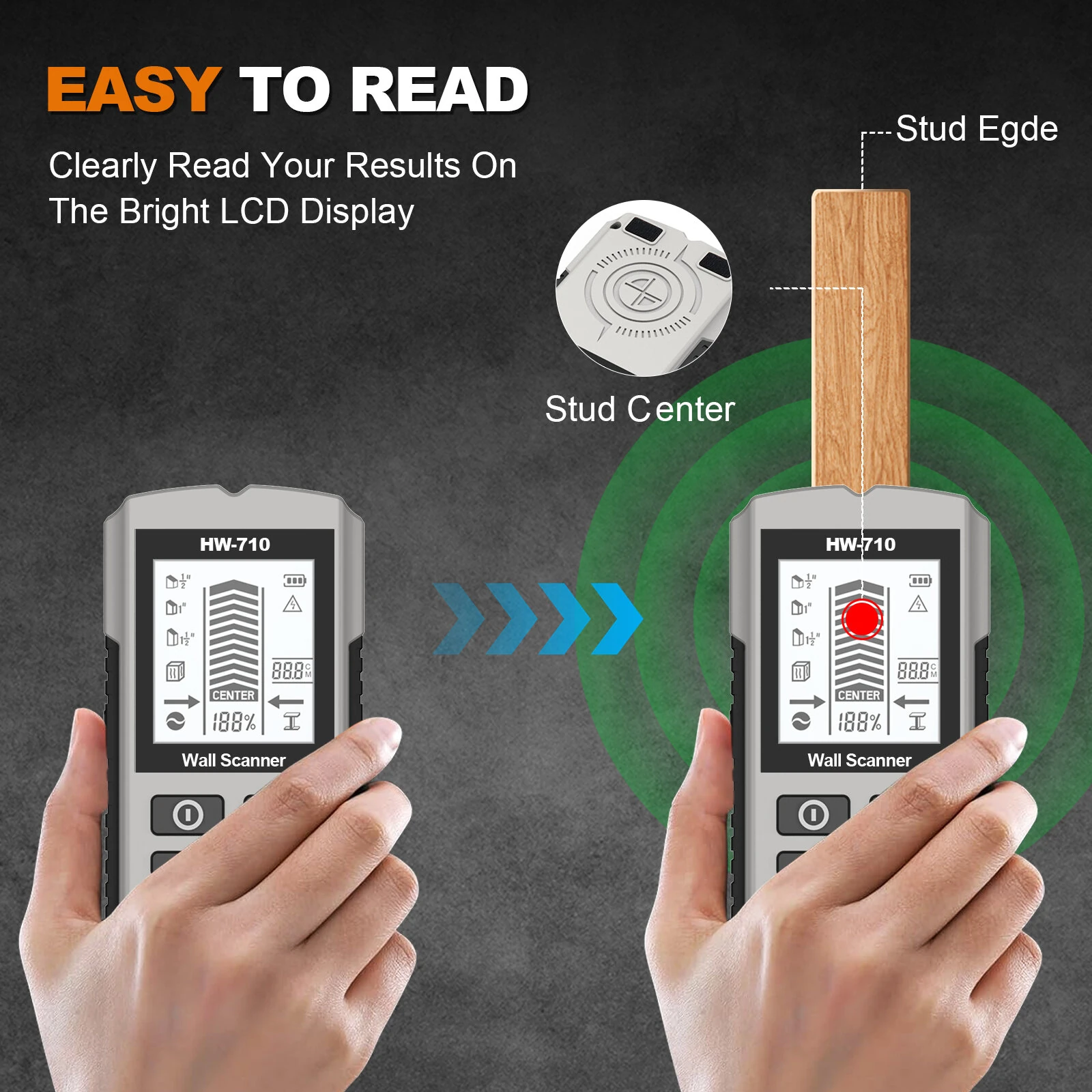 HW-710 6-in-1 Wall Scanner Stud Finder | LCD Display, Detects Metal & AC Wires - Image 5