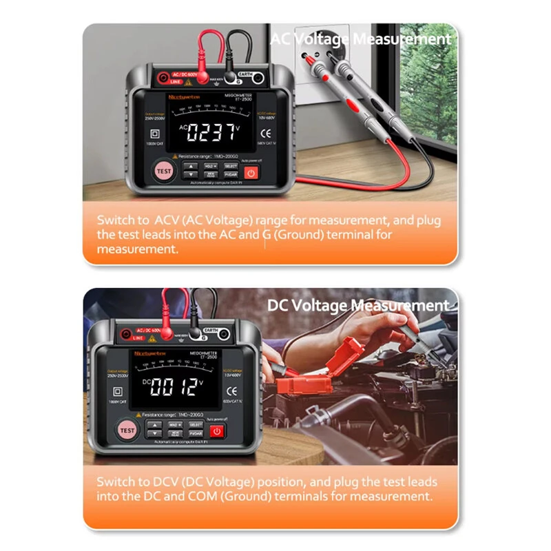 Megohmmeter Insulation Resistance Tester 250V-2500V | 40GΩ Digital Display | Auto Range AC DC Voltage Measurement - Image 4