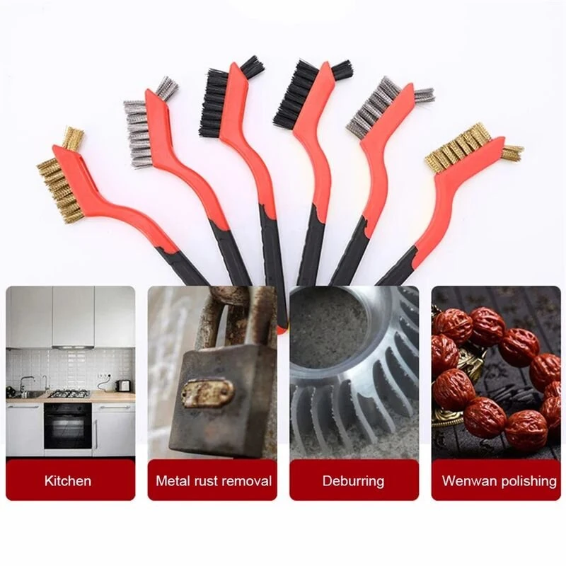 6pcs Wire Brush Set - Nylon, Brass & Steel Bristles for Metal Cleaning & Polishing - Image 2