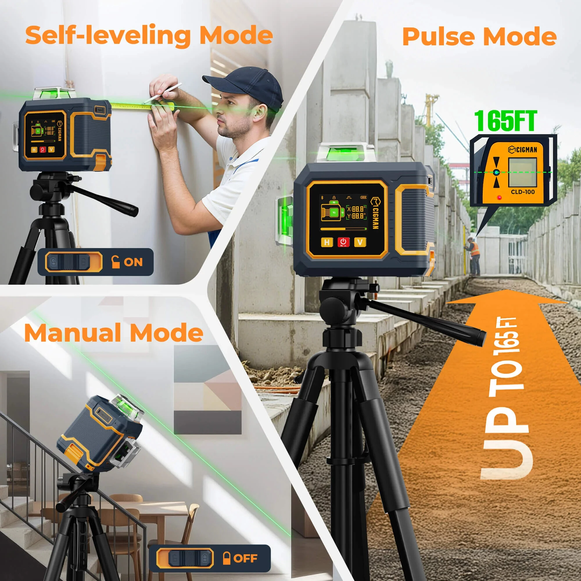 CIGMAN CM-S03 Laser Level - 12 Green Lines 3x360° - Self-Leveling IP54 - Image 4