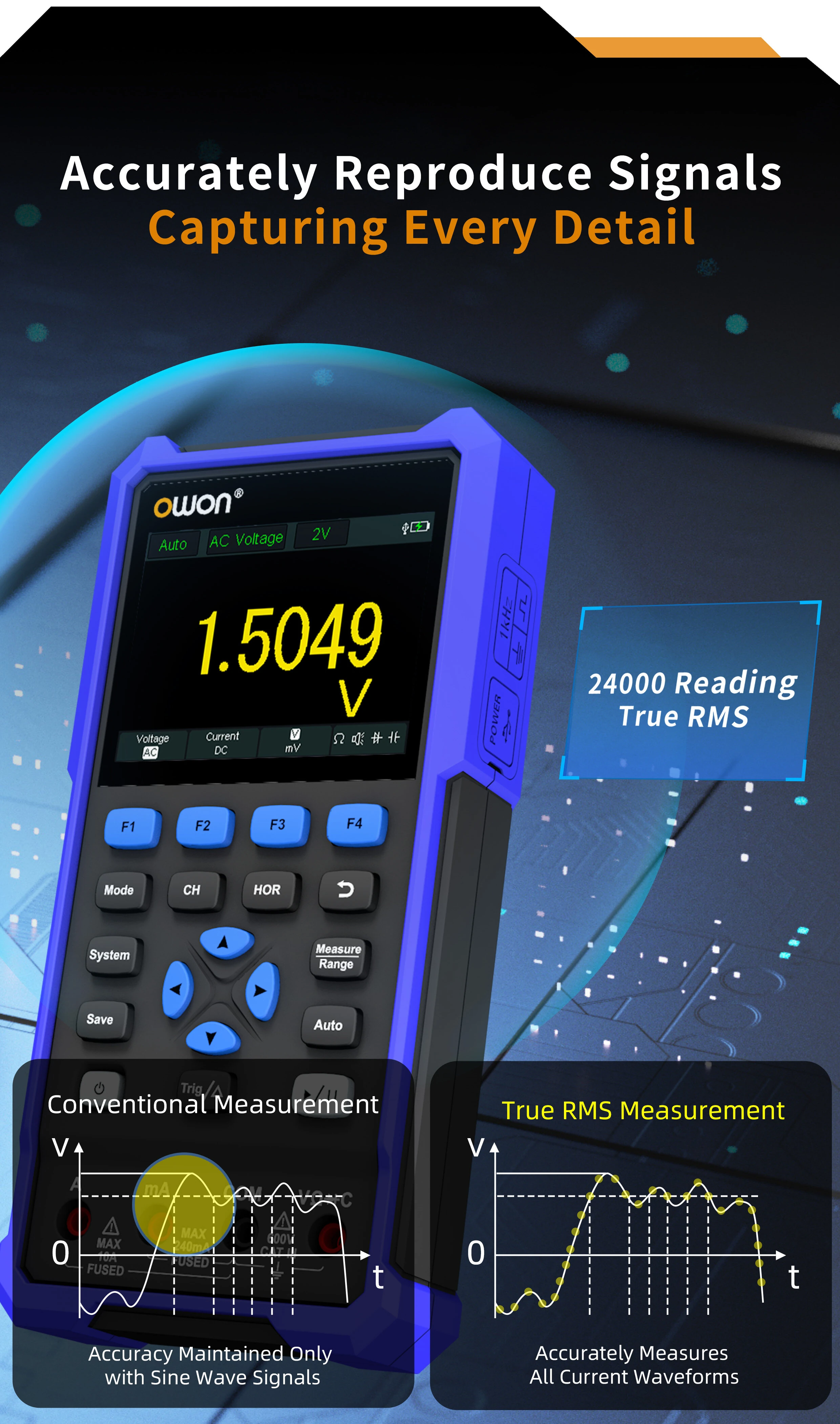 OWON HDS241 Handheld Oscilloscope 40MHz 250MSa/s | 3-in-1 with Multimeter & Waveform Generator - Image 3