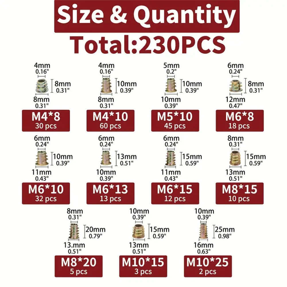 230pcs Threaded Wood Inserts Kit - 11 Metric Sizes M4 to M10 | Hex Socket Drive for Furniture & DIY - Image 2