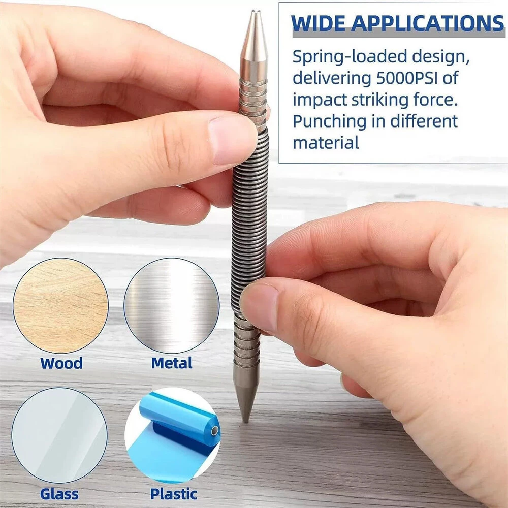 Spring Loaded Nail Setter Tool - Dual Head for Metal & Wood - Hammerless Marking Drill Bit - Image 3