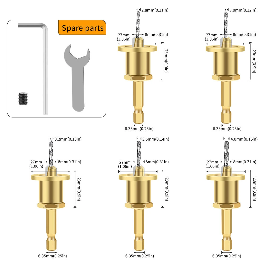 5PCS 6.35mm Hex Shank Tungsten Carbide Countersink Drill Bits Set | Adjustable Depth Stop | 2.8-4mm Sizes for Woodworking - Image 5