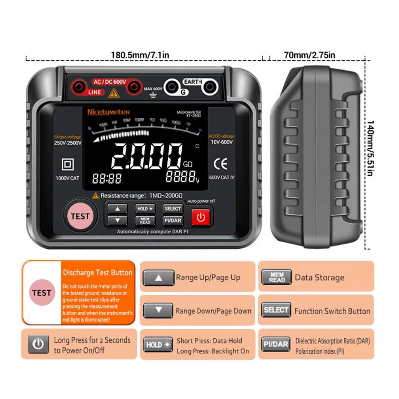 Megohmmeter Insulation Resistance Tester 250V-2500V | 40GΩ Digital Display | Auto Range AC DC Voltage Measurement - Image 5