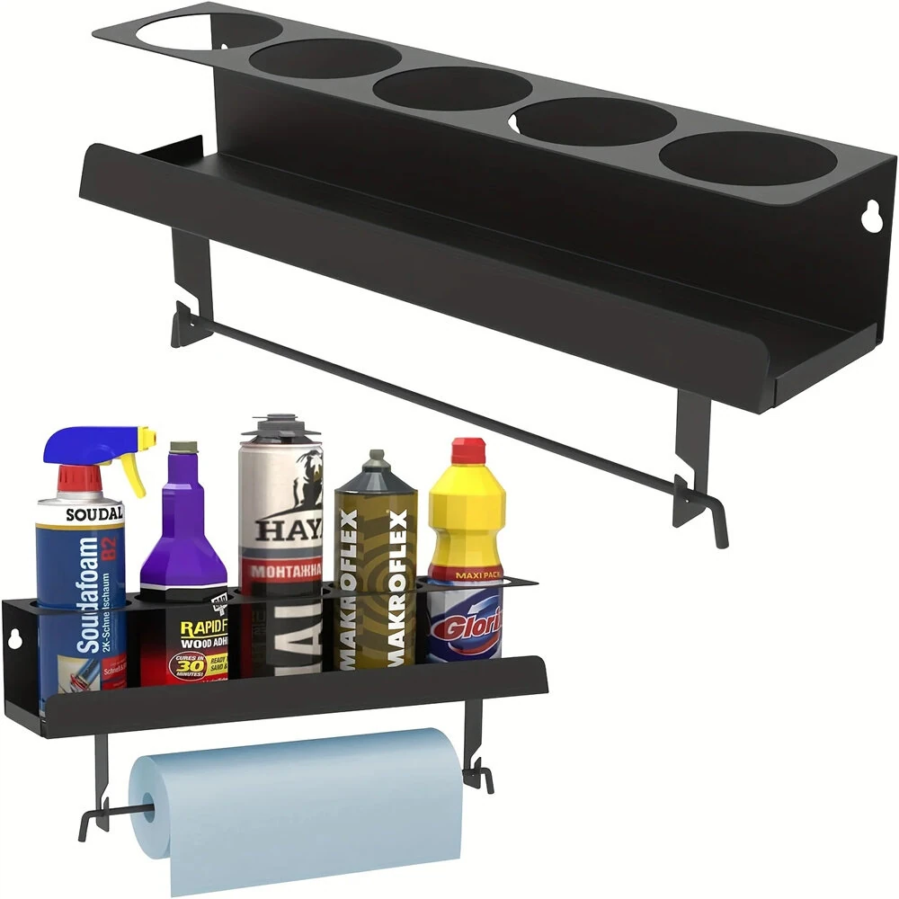 Wall-Mounted Storage Rack for 5 Spray Cans & Paper Towel Holder | Black Steel Tool Organizer - Image 2