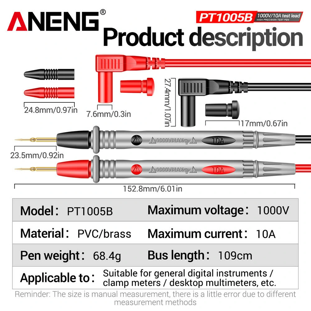 ANENG PT1005B Digital Multimeter Probe Kit - 2Pcs 10A 1000V Test Leads - Image 5