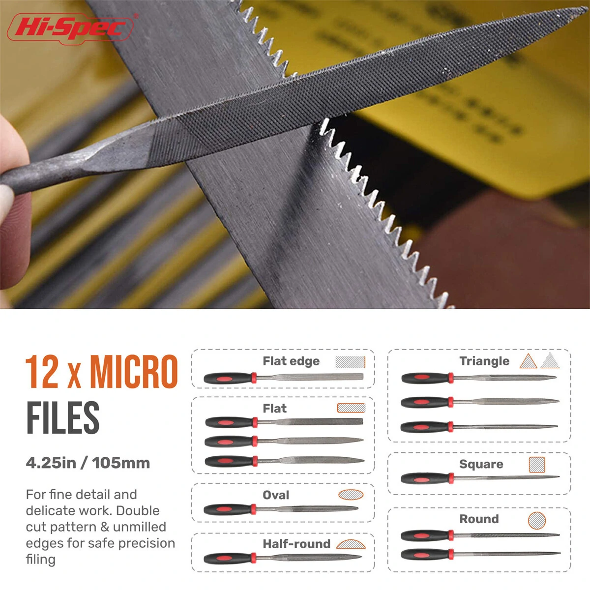 HI-SPEC 16pc Metal File Set | T12 Drop Forged Steel | Triangle Flat Round & Needle Files - Image 5