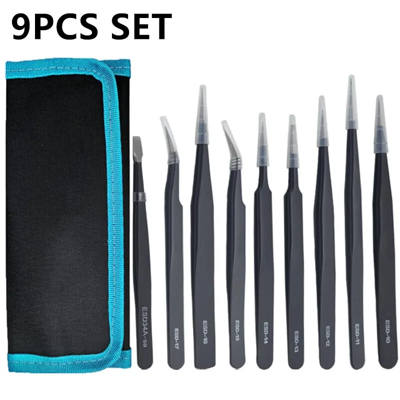 9-Piece Anti-Static Precision Tweezers Set | Stainless Steel | For Electronics & Phone Repair - Image 5