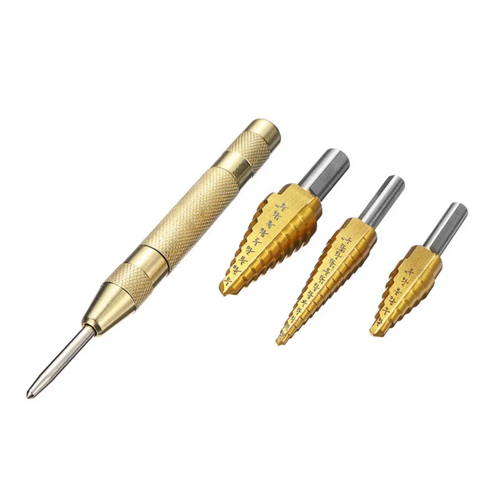 4pcs Titanium Coated Step Drill Bit Set | 3/16-1/2, 1/4-3/4, 1/8-1/2 in | with Center Punch - Image 2