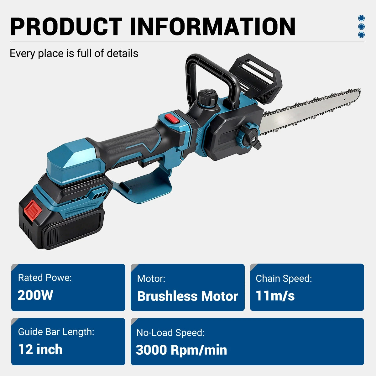 Drillpro 12 Cordless Brushless Chainsaw - 200W Telescopic Electric Saw | 11m/s Chain Speed - Image 4