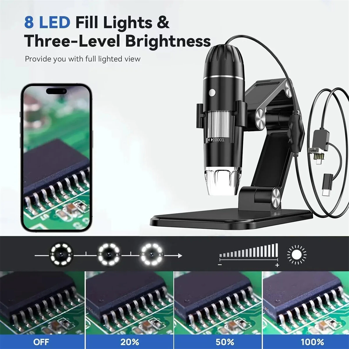50X-1600X Portable Digital Microscope - 3-in-1 USB & Android - 8 LED HD - Image 3