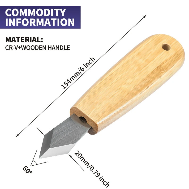 Wood Carving Knife - CR-V Steel Blade 60° Angle - 154mm Length - Ergonomic Wooden Handle - Image 2