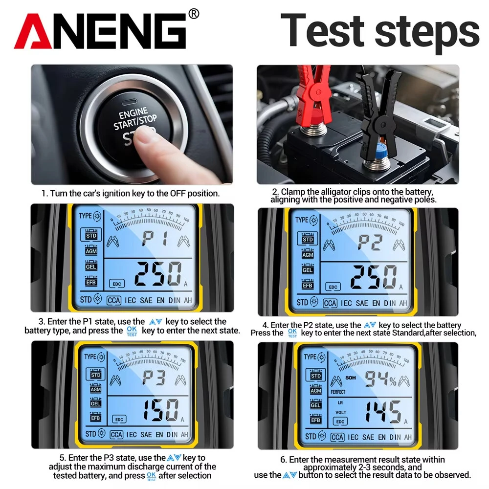 ANENG BT175 Car Battery Tester - 12V 24V Analyzer with CCA Measurement & Backlit Screen - Image 5