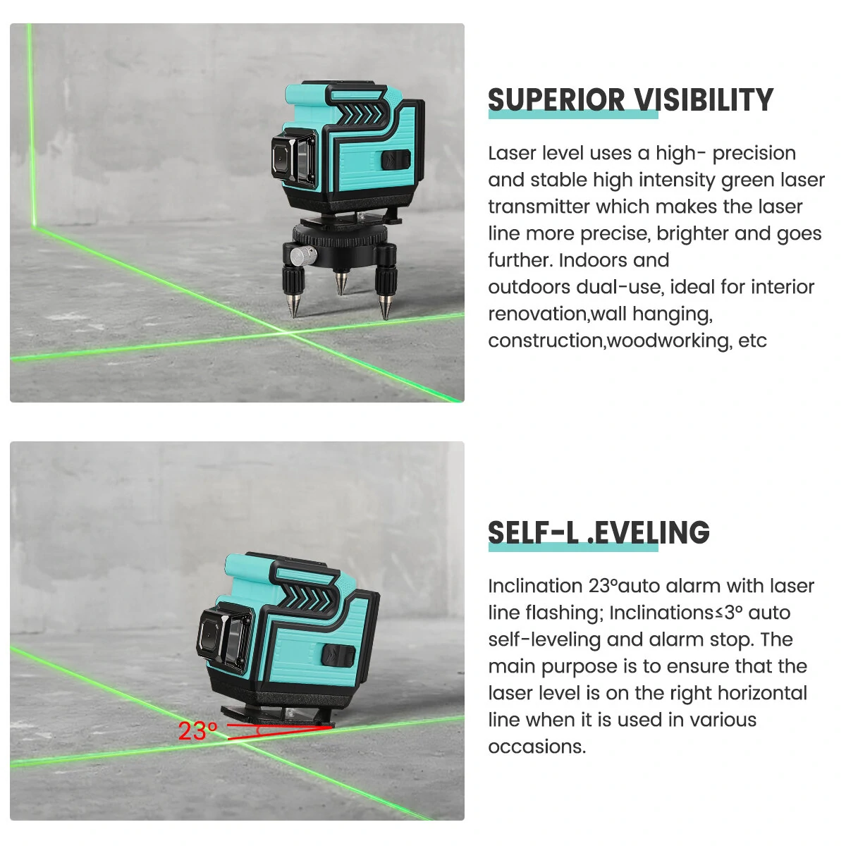 MUSTOOL 12 Line 360° Green Laser Level | Self-Leveling Horizontal & Vertical | 2 Batteries EU Plug - Image 5