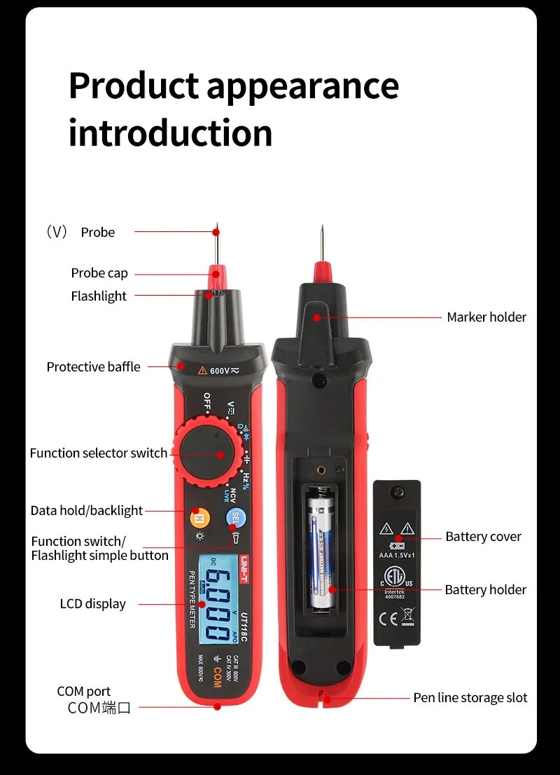 UNI-T UT118C Pen Meter - 600V True RMS Voltmeter | NCV, Capacitance, Resistance - Image 5