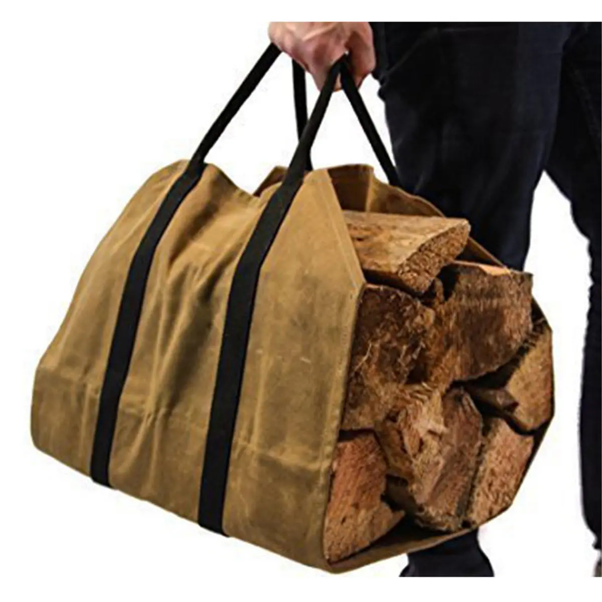 Waxed Canvas Firewood Carrier - Khaki Log Carrier Tool Bag for Fireplace - Image 2