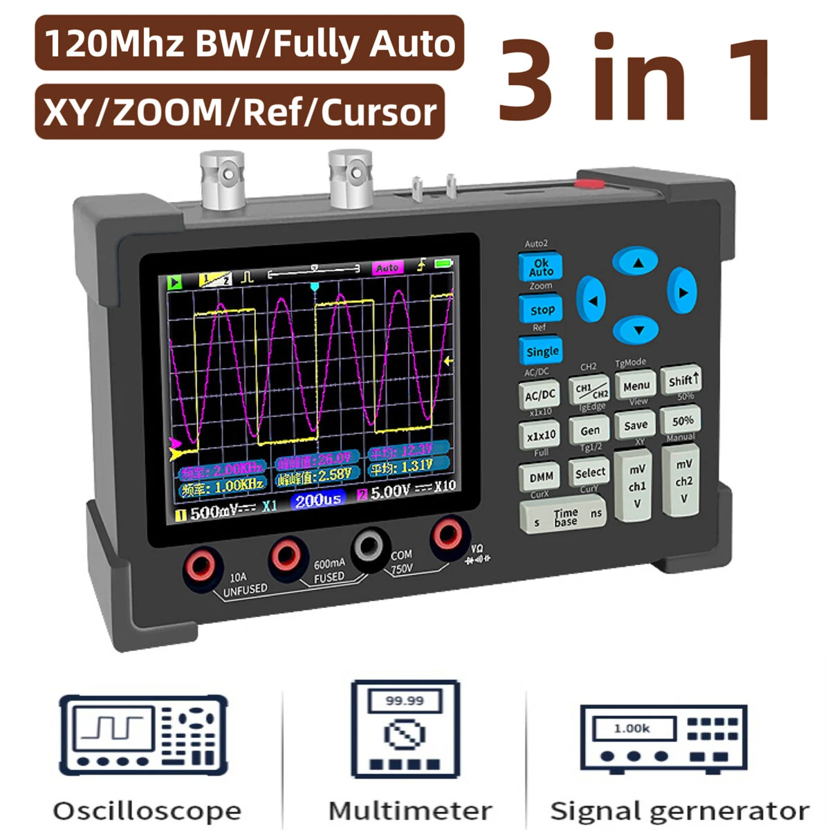 OWON 3 in 1 Digital Oscilloscope Multimeter Signal Generator | 120MHz | IPS Display - Image 2