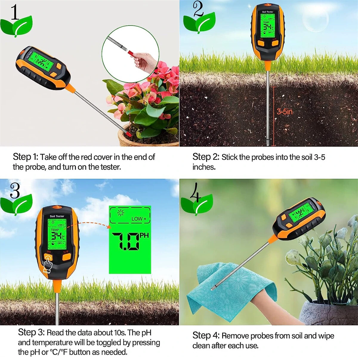 4in1 Digital Soil Tester - LCD PH Moisture Temperature Sunlight | Gardening Tool - Image 3