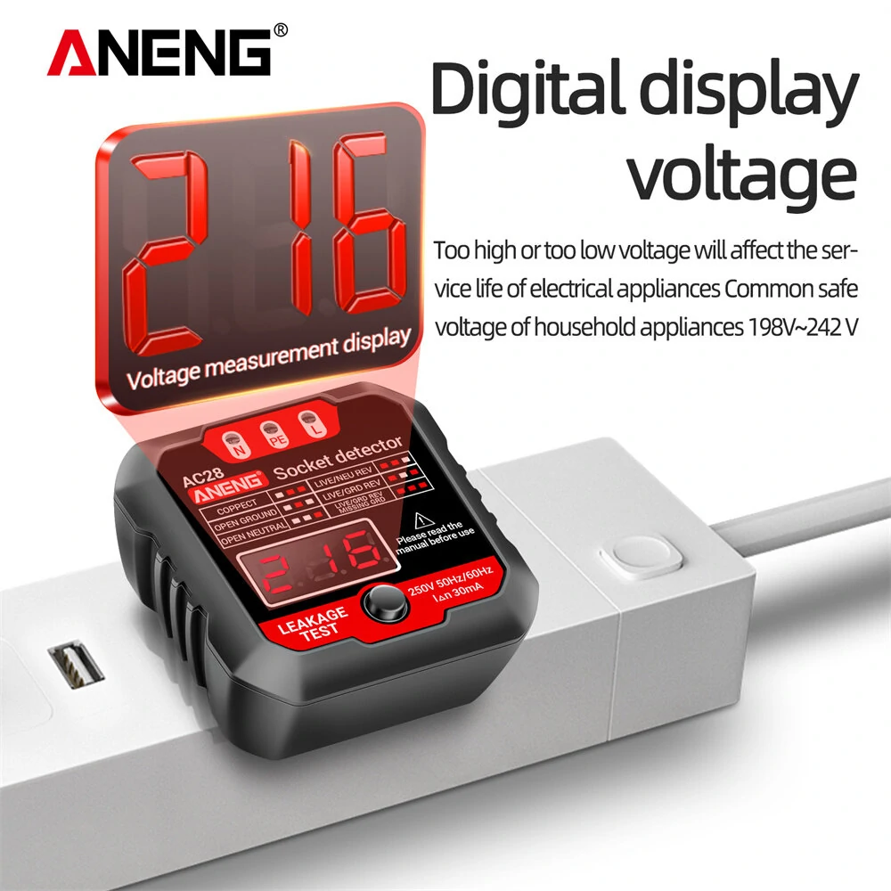 ANENG AC28 Socket Tester - UK US EU Plug Voltage Detector | Digital Display Polarity Phase Check - Image 3