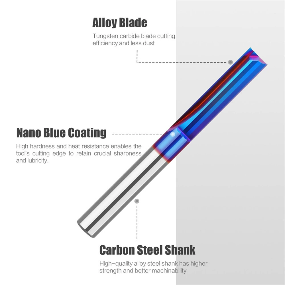 Tungsten Carbide Straight Router Bit | 1/4 Inch 2-Flute | Nano Blue Coating for CNC Woodworking - Image 4
