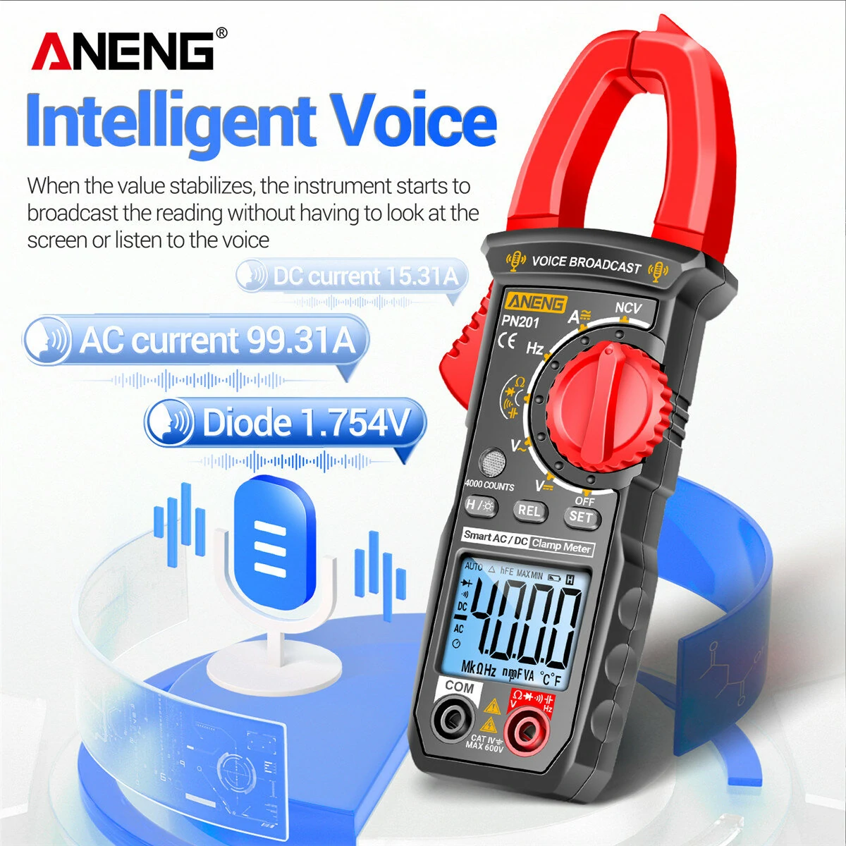 ANENG PN201 Clamp Meter - 600A AC/DC Current Tester | Measures Resistance, Capacitance, Diode - Image 4