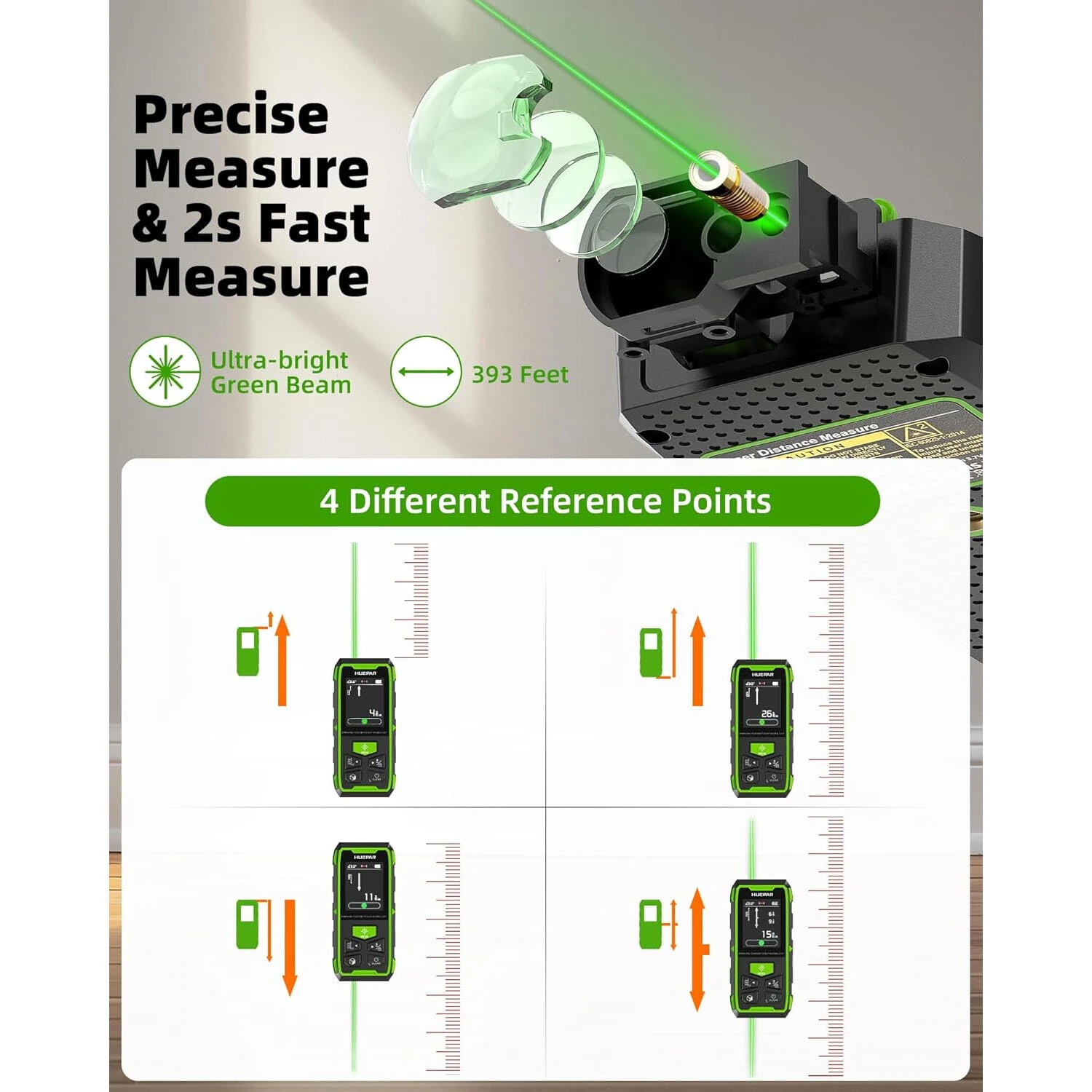 Huepar Dual Green Beam Laser Distance Meter | 393Ft/656Ft Range | Rechargeable with Backlit LCD - Image 3
