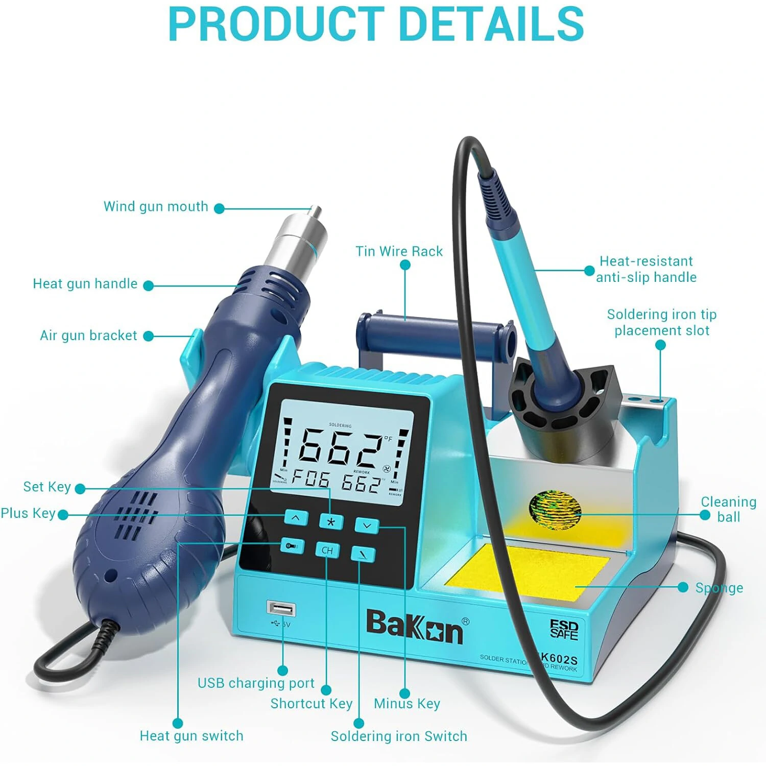 BK602S 2-in-1 Soldering & Hot Air Rework Station | 90W LCD PID Control | ESD Safe - Image 3