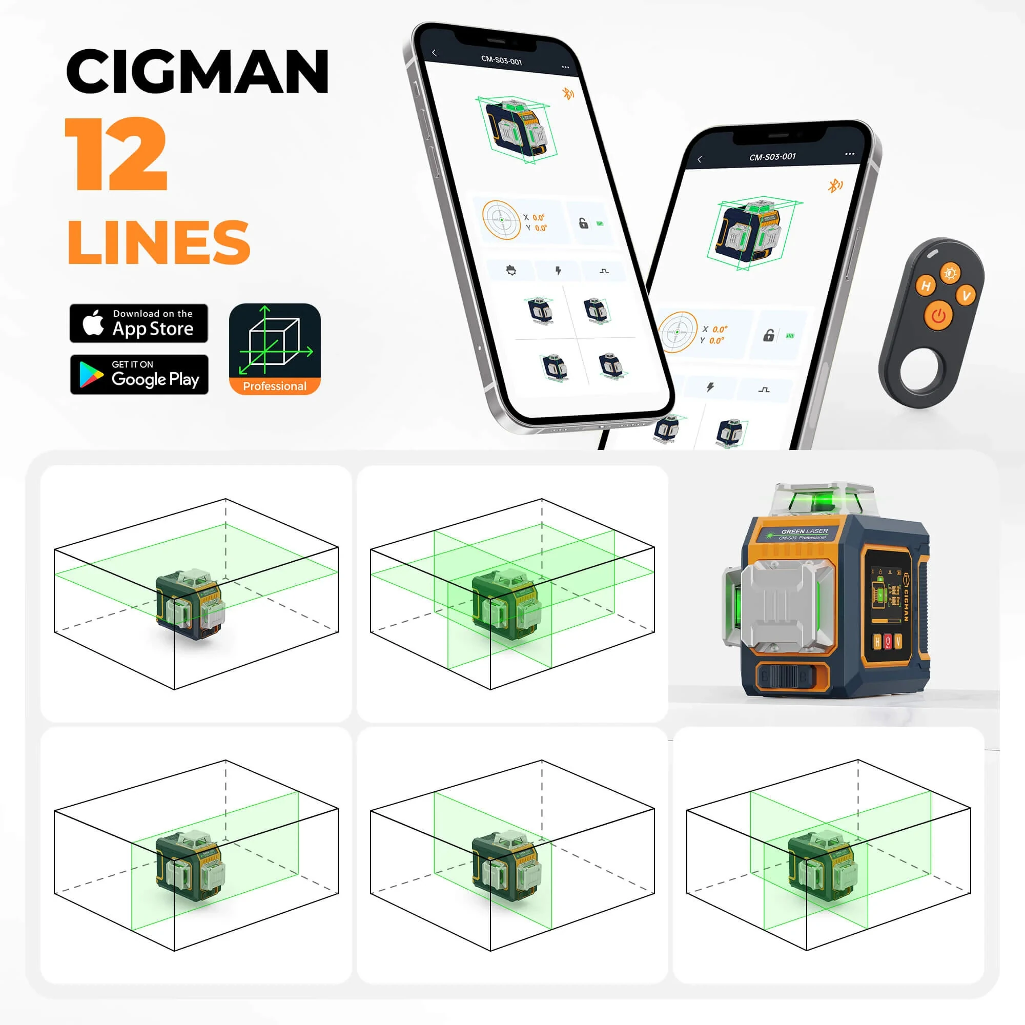 CIGMAN CM-S03 Laser Level - 12 Green Lines 3x360° - Self-Leveling IP54 - Image 5