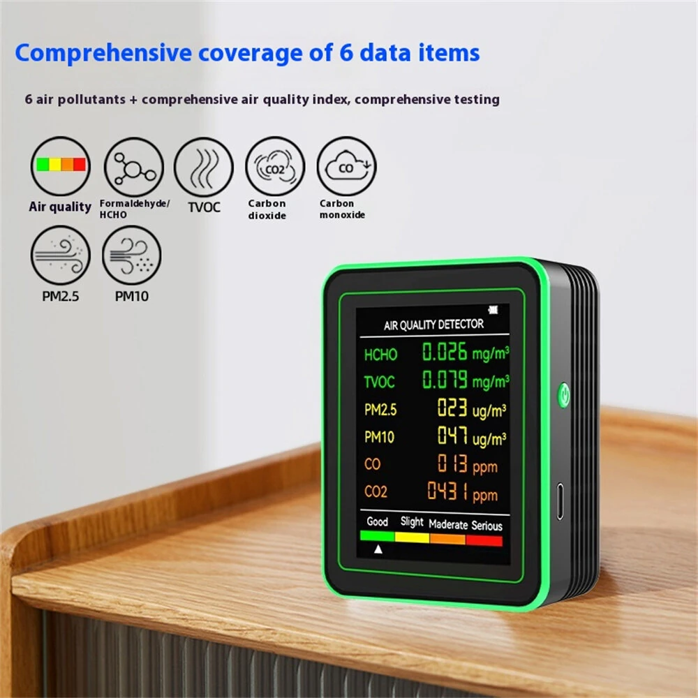 6-in-1 Air Quality Monitor - HCHO TVOC PM2.5 CO2 Tester | USB-C Rechargeable - Image 3