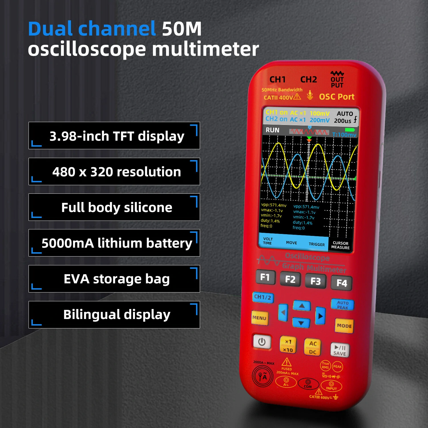 BSIDE O9 Handheld Oscilloscope - 2x50MHz Dual Channel | 3.98 TFT Display | 250MSa/s with Waveform Save - Image 3