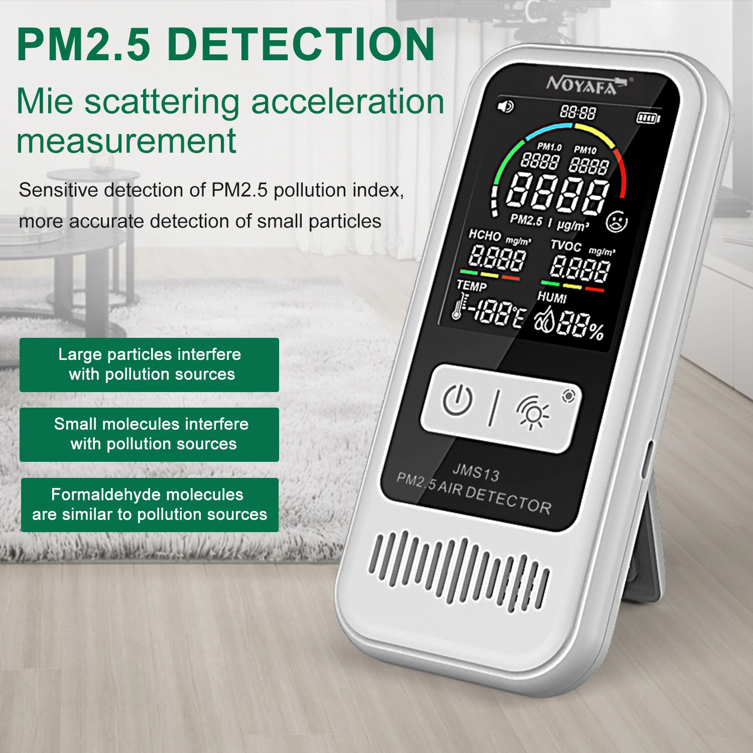 Noyafa JMS13 6-in-1 Air Quality Monitor - HCHO CO2 PM2.5 Temp Humidity - Image 2